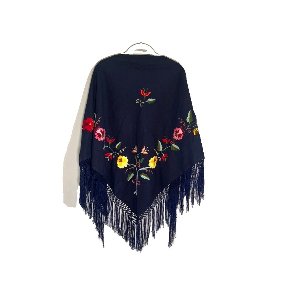 Retro Floral Embroidered Fringe Shawl OS Colorful Boho Indie Folk Festival 90s